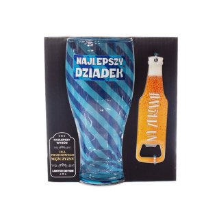 DIL Zestaw 2w1 szklanka do piwa z napisem' Najlepszy Dziadek' z otwieraczem do butelek "Na zdrowie " w ozdobnym opakowaniu prezentow